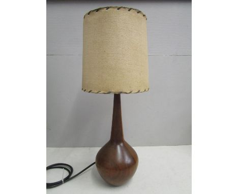 A mid 20th century Danish two tone teak onion lamp with fabric shade, 11 1/2"h, without fittings and shade, rewired and PAT t