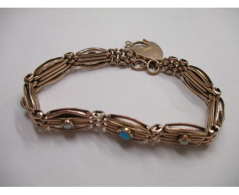 A 9ct gold gate link style bracelet set with four pearls and four turquoise cabochon, 15.6g 