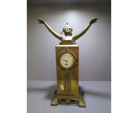 An early 20th century Austrian, brass cased mantle clock, the case in the Vienna Secessionist style inspired after Wilhelm Li
