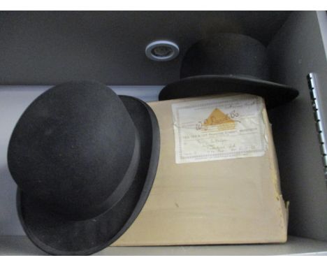 A Dunn &amp; Co Crandor bowler hat, together with a Falcon bowler hat and a 1935 vintage hat box 