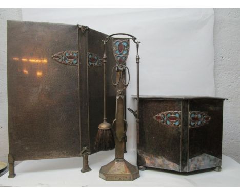 An early 20th century Arts &amp; Crafts inspired silver plated enamel hearth set, comprising a fire screen, a coal box and a 