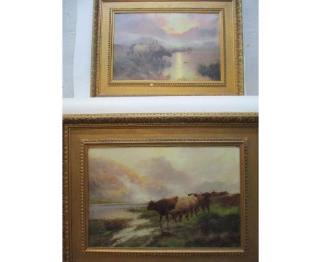 H R Hall - a pair of loch scenes with highland cattle Loch Achray Sunset, Highland Cattle Drinking and Flooded Pastures, oil 