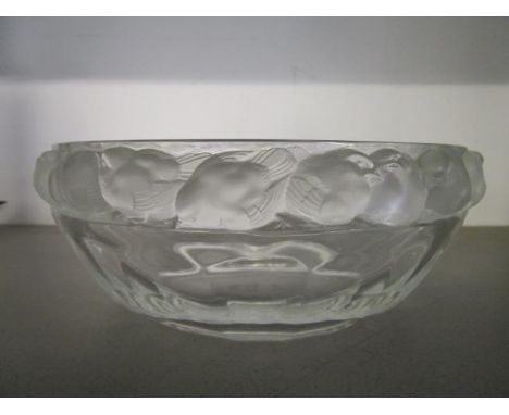 A Rene Lalique design - a Lalique Mesanges pattern clear and frosted glass bowl decorated with a moulded continuous band of s