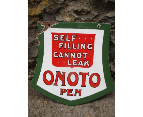 A rare vintage Onoto Pen, Self Filling, Cannot Leak, enamel sign in green, red and white, 13 1/2" x 13" 