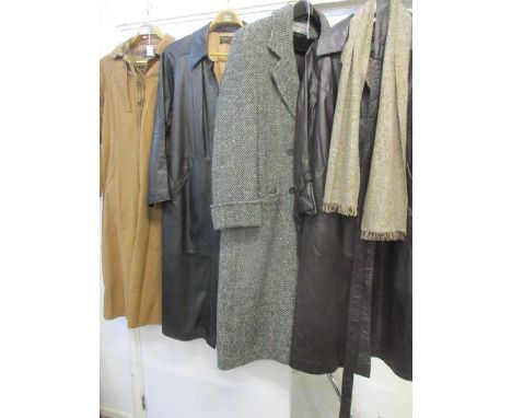 Jasper Conran - a retro unisex herringbone full-length coat, together with a vintage style Donegal tweed and brown leather ge