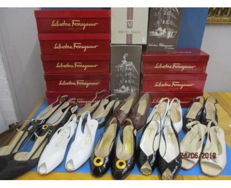 Eight pairs of vintage Salvatore Ferragamo ladies leather shoes to include peep toe, slingbacks and brogues, sizes 7B and 7.5