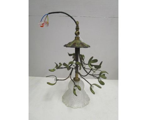 A French Art Nouveau ball of mistletoe converted glass lamp with replacement period pressed glass shade, rewired and PAT test