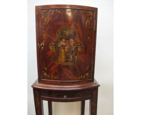 An early 19th century bow fronted chest on stand, decorated with a portrait to the top, the door with a couple in a garden se