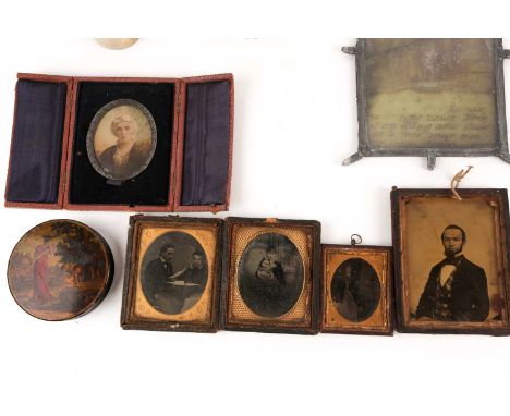 A mixed group of antique items, to include a horn beaker with white metal rim and cartouche, a lead framed stained glass pane