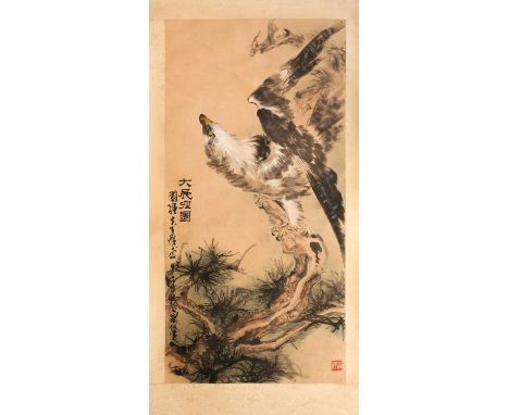 A Chinese hanging scroll, painted with an eagle upon a gnarled pine branch, with three red chop seals, watercolour, image 99.