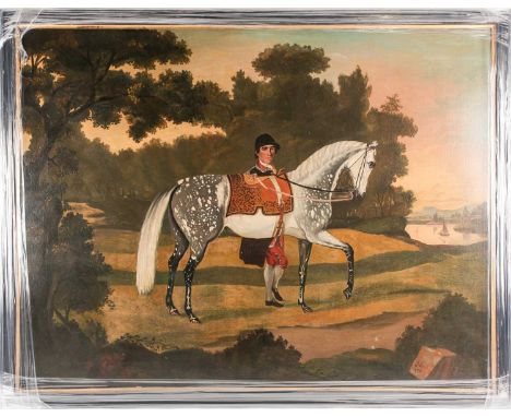 English Naive School, 18th century, Portrait of a dapple grey horse and groom in a landscape, oil on canvas, signed P.L. and 