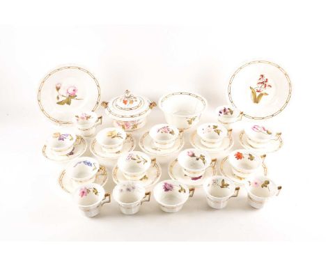 A Rockingham porcelain part tea set, each piece hand painted with botanical study and with gilt chain link decoration, compri