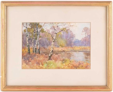 Reginald T Jones, (1857-1920), a scene of silver birch trees in a river landscape, watercolour, signed lower right, 17.5 cm x
