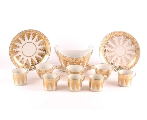 A Pinxton part tea &amp; coffee service, 1796 - 1813, the white body with gilt Greek key band above part shaded leaf pendants