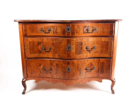A probably Maltese 18th-century olive wood and walnut serpentine commode. With parquetry decorated top over three shaped long
