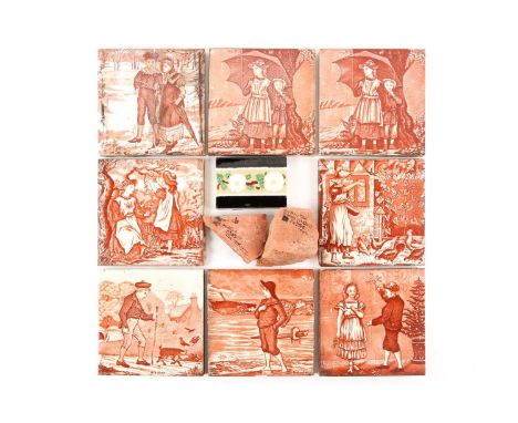 Eight Josiah Wedgwood month of the year tiles, late 19th century, brown printed with children in seasonal landscapes, to incl