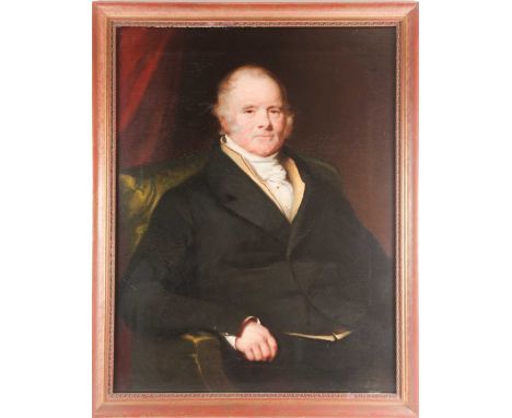 19th century British school, a half-length portrait of a seated gentleman, unsigned oil on canvas, 90 cm x 69 cm in a gilt fr