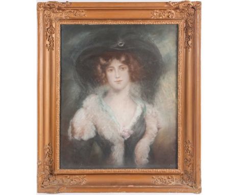 19th-century British school, a large head and shoulders portrait of a finely dressed young lady, coloured chalk on paper, uns