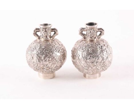 A pair of early 20th Chinese Wang Hing silver miniature two-handled globular vases. Decorated with "Cracked Ice &amp; Prunus"