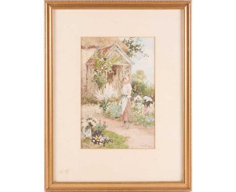 Joshua Fisher (1859-1930), a portrait of a lady in a cottage garden, signed watercolour, 26 cm x 17 cm framed and glazed.