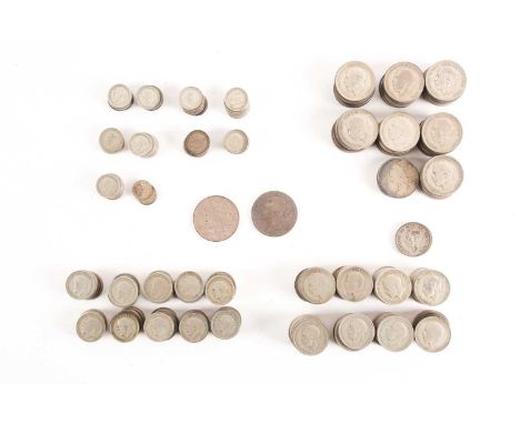 A Victorian 1845 crown, cinquefoil stops, and a large quantity of British silver content coins, 1920 - 46, comprising 75 half