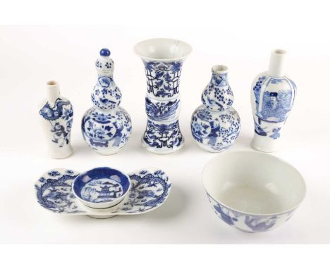 A pair of Chinese blue &amp; white double gourd shape vases, Qing, late 19th century, a Gu shape vase and two further vases, 