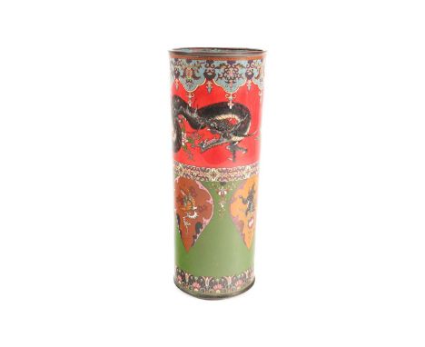 A late Victorian Japanese cloisonne stick stand, of cylindrical form, decorated with a collar of stylised flowers above a dra