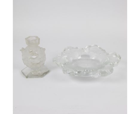 Glass candlestick and coupe marked Lalique France Glas kandelaar en coupe gemerkt Lalique France H 16 &amp; H 6.5 Dia 36 cm