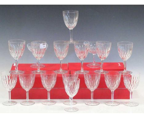 Baccarat drinking glasses with slice cut decoration: ten champagne glasses, eight red wine and eight white wine glasses