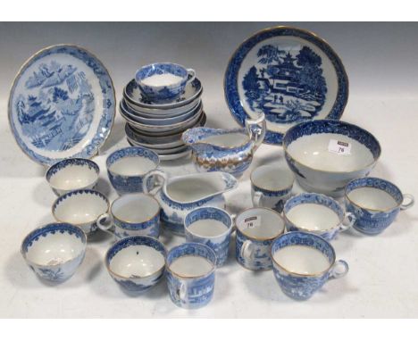 Items of Newhall blue and white 'Broseley' pattern porcelain, to include a cream jug, three tea cups and saucers, a coffee ca