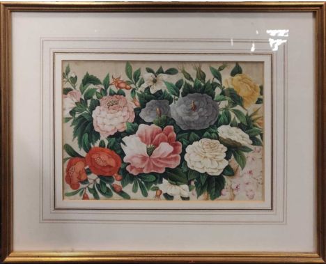 Three 19th century Chinese School pith paper paintings of flowers, together with three silk work pictures of birds and a hand