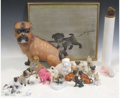 A collection of continental porcleain models of pug dogs, a print of a pug dog carrying a pheasant after a 17th century Korea