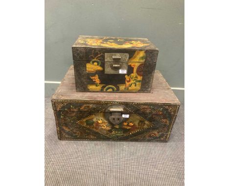 A Chinese painted trunk decorated with scholars reading, 31 x 69 x 46cm and another one smaller of similar design, 25 x 44 x2