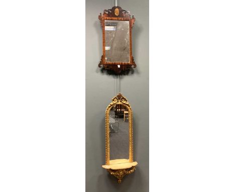 A 19th century arched gilt frame mirror back shelf bracket, 85cm high; and a small size Chippendale style fretwork wall mirro