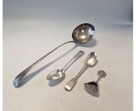 An 18th century silver soup ladle, together with a Scottish and an Irish silver spoon and a continental metalwares silver tea