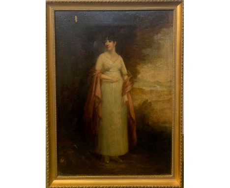 Follower of John Opie Portrait of a lady standing full length, in white, with a pink shawl with mountains and a river beyondo