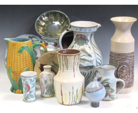 A collection of Studio Pottery chargers, vases, etcRoughness to bases throughout with some light markings and various scratch