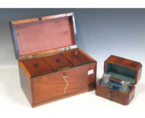 A George III mahogany tea caddy; together with a 19th-century kingwood scent bottle box