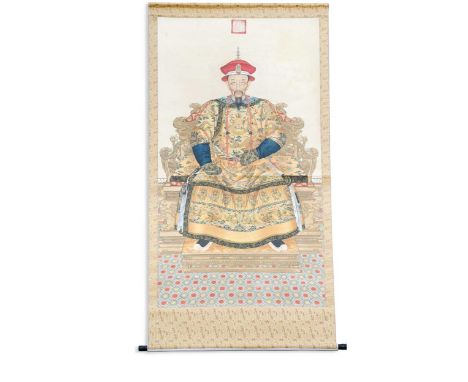 A portrait of the Kangxi Emperor, enrobed and enthroned, printed and coloured image,  a copy of the original in the collectio