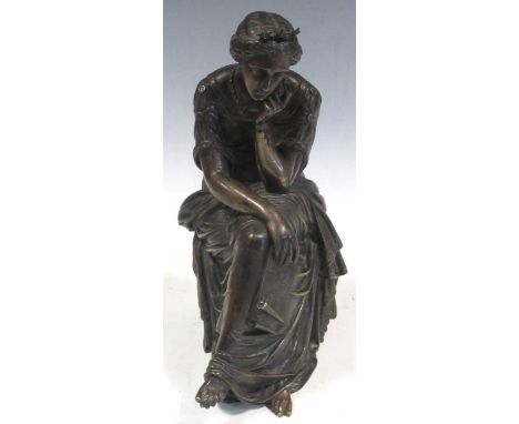 La Reverie, a 19th century bronze female seated classical figure after P. Travaux, 24cm high