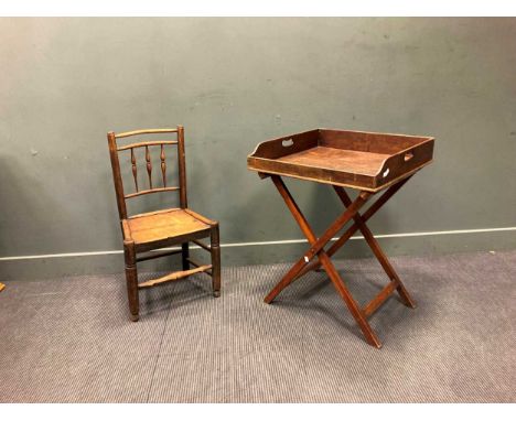 A 19th century mahogany butlers tray on later folding stand 84 x 63 x 59cm together with a 19th century beech stick back chai