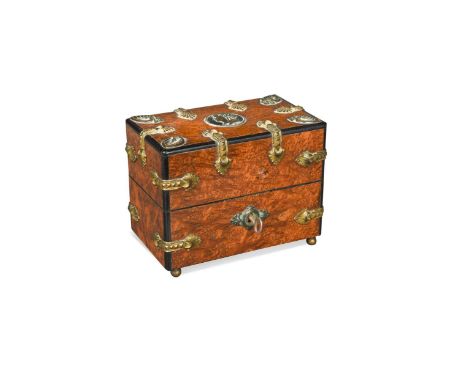 A Continental gilt mounted amboyna scent bottle box, 19th century, the hinged cover mounted with a bronze roundel depicting a