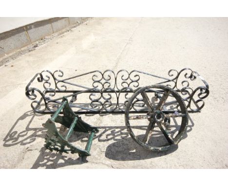Wrought Iron Hanging Garden Planter, Small Iron Wheel and Frog Boot Scraper