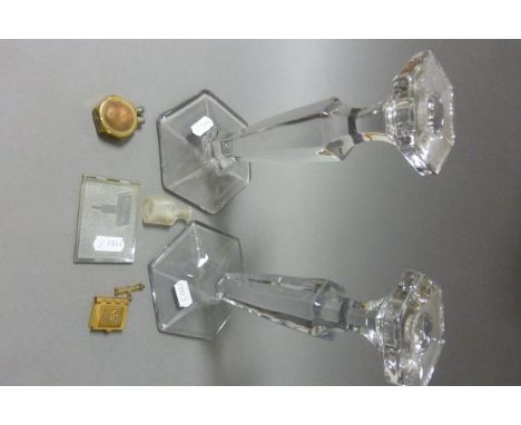 Pair of Crystal Glass Candlesticks,  together with Stamp Case, Commemorative Miniature Book of Photographs, Lighter made from