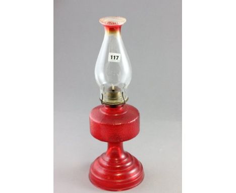 Early 20th century Red Glass Oil Lamp with Chimney