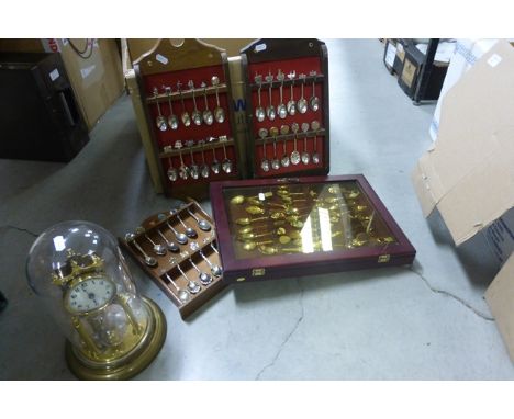 Domed Cased Anniversary Clock plus Collection of Souvenir Teaspoons contained in a Hanging Display Cabinet and Four Hanging C