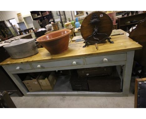 Good 19th century Pine Painted Kitchen Work Table with three drawers and under shelf, 79" long