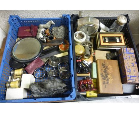 Two Trays of Mixed Collectables to include Spelter Figure, Opera Glasses, Napoleonic Bone Corer, Lighter, Sugar Sifter, etc