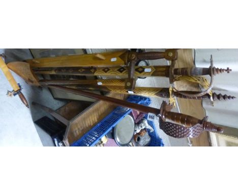 Four Wooden Replica Swords, Two similar Daggers & Axe