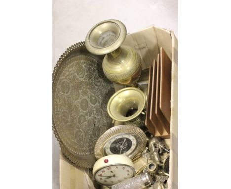 Two Retro Mantle Clocks, Brass Vase and Other Brass Ware, Stationery Rack & Rolling Pin